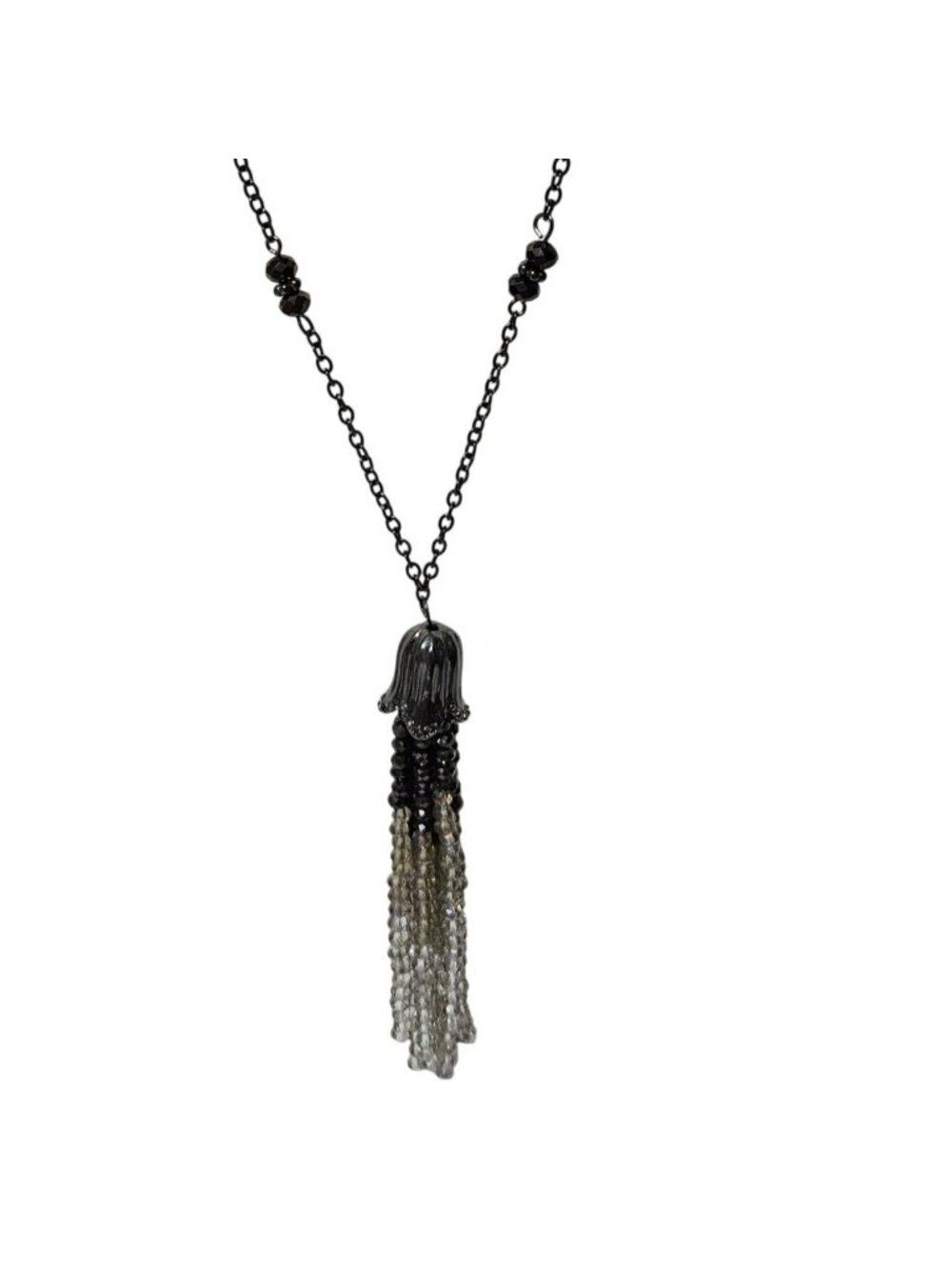 Elegant Beaded Tassel Necklace Black Silver Beads Retro Fashion Jewelry Women